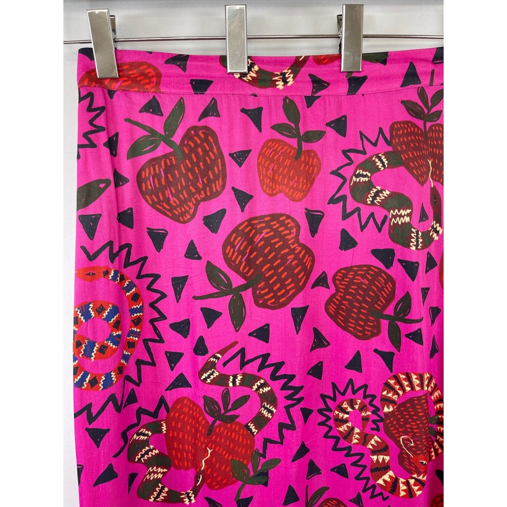 Farm Rio Snake Apple Print Midi Skirt L Pink Boho Eclectic Maximalist Tropical - Picture 4 of 13